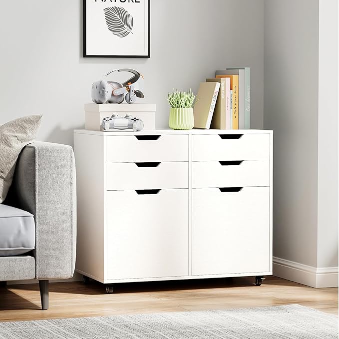 White File Cabinet with 4 Drawers and 2 Doors, Under Desk Mobile Storage Organizer, Wooden Printer Stand on Wheels, 29" Lateral Filing Cabinet for Home Office Living Room