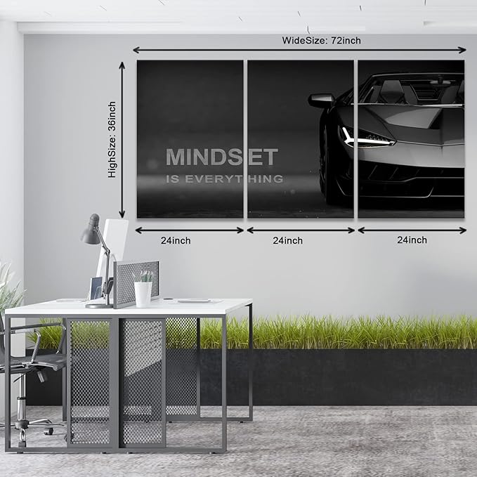 KAWAHONE Motivational Canvas Wall Art Lamborghini Posters Prints Entrepreneur -Mindset is Everything-Office Decor Set 3 Pieces Motivational Wall Art Canvas Print Inspirational Quote Ready to Hang