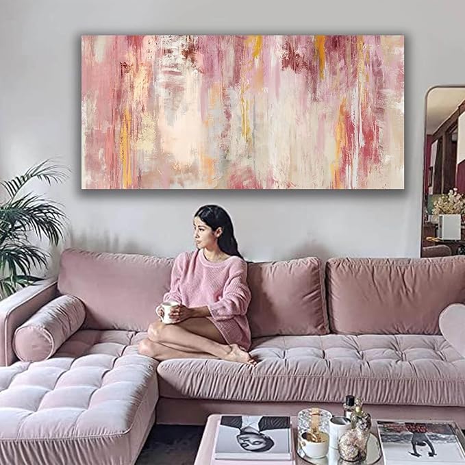 Kureful Abstract Canvas Wall Art Large Wall Decor Pink Wall Paintings for Bedroom Living Room Office Gold Artwork Picture 29x58 Inch