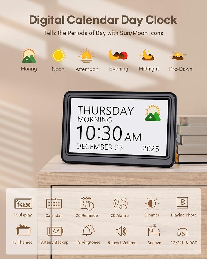 Clock with Day and Date for Elderly, 7" Large Display Digital Calendar Day Clock with 20 Custom Alarms and Medicine Reminders, Dimmable Dementia Alzheimers Clocks for Seniors, Black (Ac Powered)