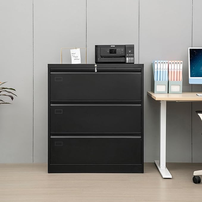 3 Drawer Black Lateral File Cabinet, Lockable Metal File Cabinet for Home Office, Office File Cabinets for Legal/Letter/A4/F4 Size with Hanging Files&Key