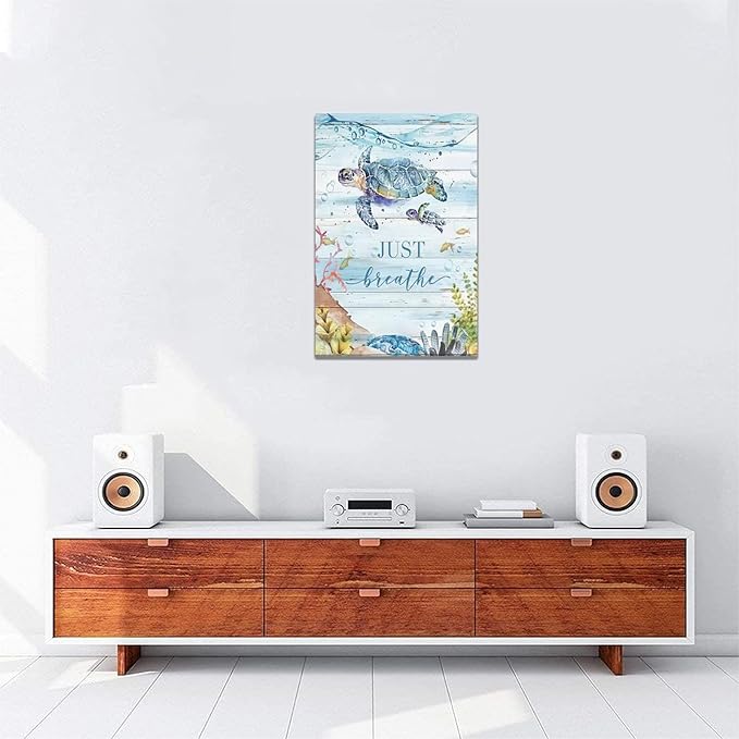 yerretin Nautical Sea Turtle Wall Art Ocean Just Breathe Pictures Wall Decor Beach Canvas Painting Modern Artwork Home Decoration for Bathroom Living Room Bedroom Office Framed 16"x24"