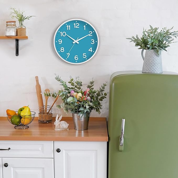 Wall Clock 12 Inch Silent Wall Clocks Battery Operated-Modern Non Ticking Analog Clock Decorative for Kitchen Bedroom Office (Blue)