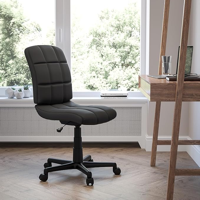 Flash Furniture Clayton Mid-Back Tufted Vinyl Upholstered Swivel Desk Chair with Padded Seat, Modern Adjustable Height Padded Office Chair, Black