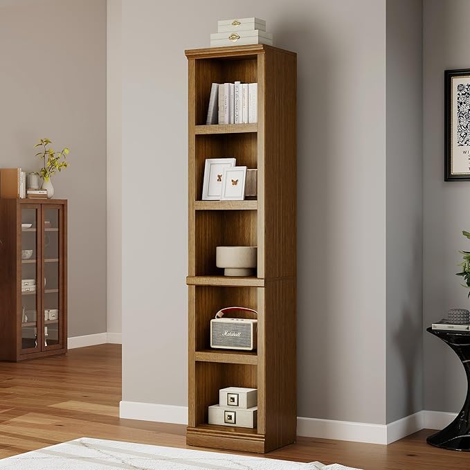 70" Tall Bookcase, Oak Narrow Floor Standing Bookshelf, 5 Tier Shelves Open Storage Organizer, Book Case for Living Room Hallway Kitchen Home Office Bathroom, Vintage Oak- 5 Tier