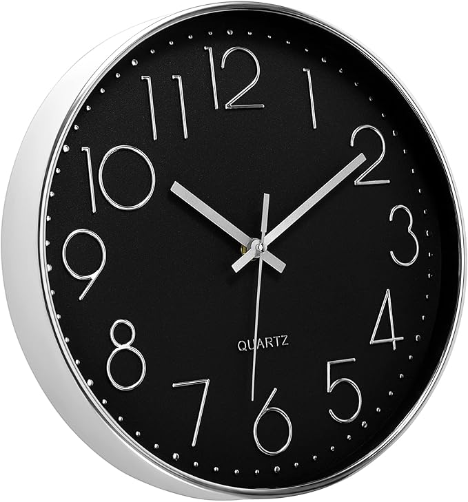 Foxtop Silver Wall Clock Silent Non-Ticking Battery Operated Round Modern Wall Clock for Office School Home Living Room Bedroom Bathroom Kitchen Decor (12 Inch, Black Dial)