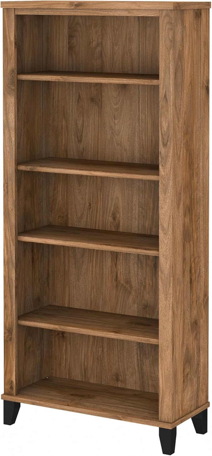 Bush Home Somerset 5 Shelf Bookcase in Fresh Walnut, Tall Bookshelf, Large Book Shelf for Living Room, Home Office, or Entryway