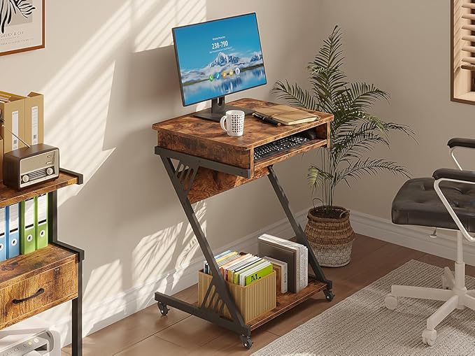 Zenira 24-Inch Small Computer Desk, 30-Inch Tall With Drawers, Corner Desk With Wheels for Gaming, Bedroom, Home, Office - Brown