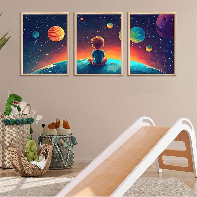3Pcs Space Boy Wall Art Cute Inspirational Canvas Painting Space Fantasy Wall decor pictures with Planet Pattern posters Prints for Child’s Bedroom Office and Home Decoration Unframed 12x16in posters