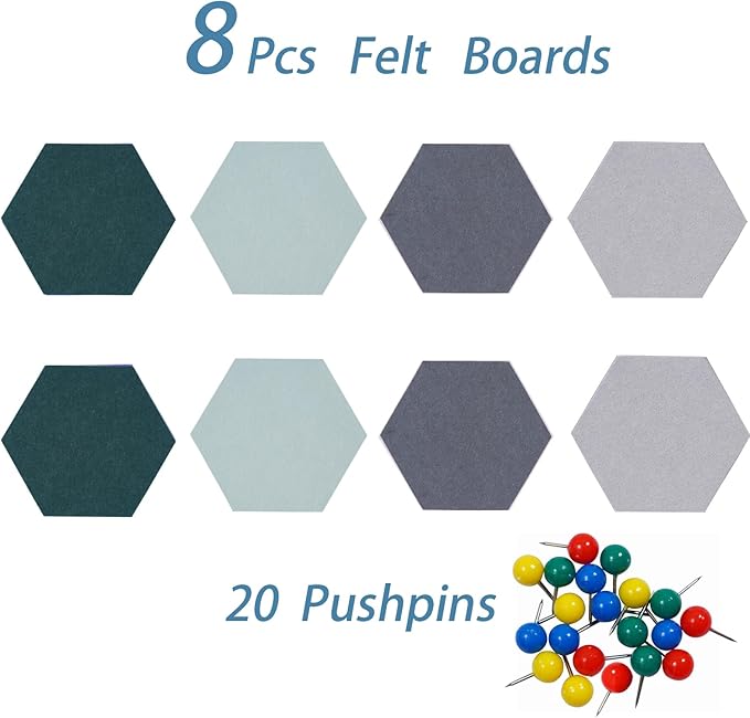 8Pcs Hexagon Felt Cork Board Tiles Self Adhesive Bulletin Board, Pin Board for Wall Decor Memos Photos Display (Set G)