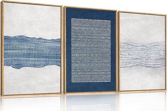 Large Abstract Navy Blue and White Framed Canvas Wall Art Set,Modern Neutral Geometric Waves Lines Dots Wall Decor,Mid Century Minimalist Boho Artwork for Living Room,Bedroom,Office- 24"x36"x3