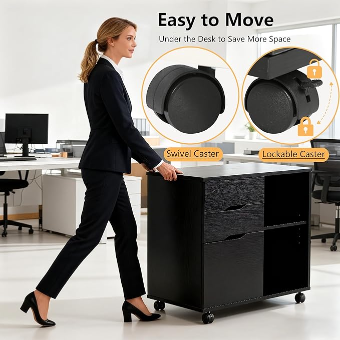 PayLessHere Lateral File Cabinet with 3 Drawers | Rolling Filing Cabinets Under Desk Storage with Wheels | Printer Stand Wood Organizer with Adjustable Shelf for Home Office Small Space, Black