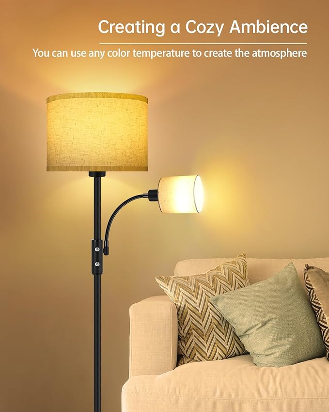Floor Lamps for Living Room, Modern Floor Lamp with Reading Lamp, 62" Tall Standing Lamp, Beige Lampshades, Simple Pole Lamps for Bedroom/Office/Kids Room/Den(Bulbs Not Including, E26/E12 Base)