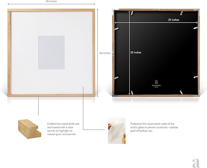 artisane home goods 25x25 Frame – Large White Oak Gallery Picture Frame With Mat for Wall, 25x25 Picture Frame for Gallery Walls, Oversized Square Frame, Matted to 8x10, 5x7 & 4x6