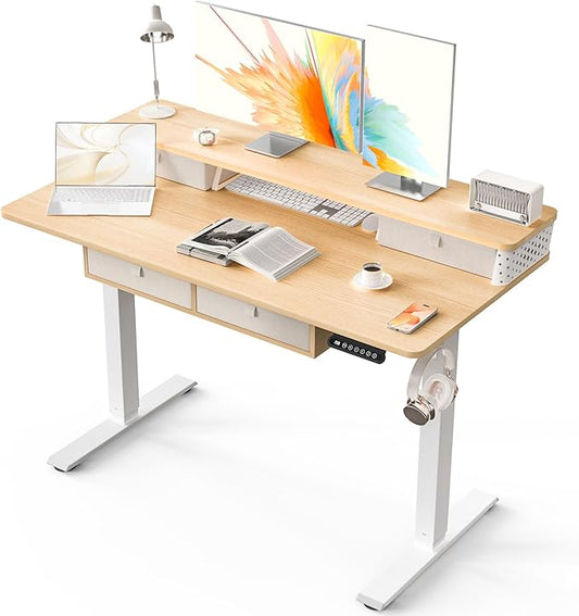Kingant 48 x 24 Inch Electric Standing Desk with 4 Drawers, Height Adjustable Sit to Stand Computer Desk with Storage Shelf and C-Clamp Mount Compatibility for Home Office, Nature