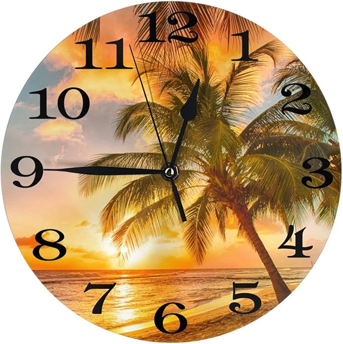 Palm Tree and Sea Beach Wall Clock Battery Operated Silent Round Clock Sunset Landscape Wall Decor for Home, Office, School 9.8 Inch