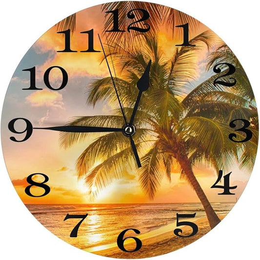 Palm Tree and Sea Beach Wall Clock Battery Operated Silent Round Clock Sunset Landscape Wall Decor for Home, Office, School 9.8 Inch
