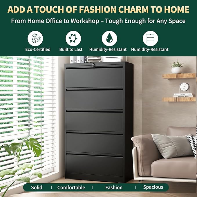 5 Drawer Lateral File Cabinet with Lock, Horizontal Metal File Cabinets for Home Office, Heavy Duty Large Filing Storage Cabinet, Steel Wide File Cabinet for Legal/A4/F4, Require Assembly-Black