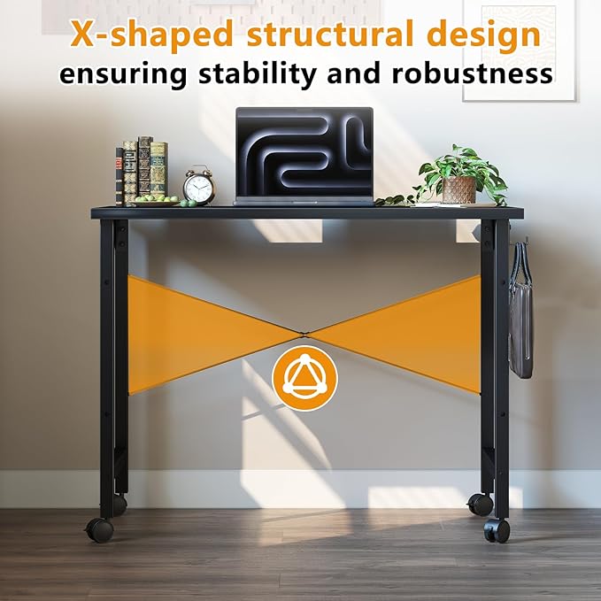 Grandder Rolling Computer 32 inch Desk with Wheels, Wroking Small Desk for Living Room, Modern Simple Style Table for Home Office, Study Writing Table, Caster, Black, 32 inch