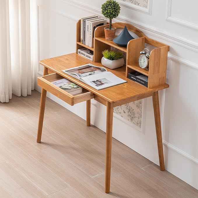 Solid Wood Desk with Drawers, Wooden Computer Desk for Home Office, Gaming Study Desk for Small Spaces, Writing Work Desk for Bedroom,Easy Assembly (Teak Color 40 inch)
