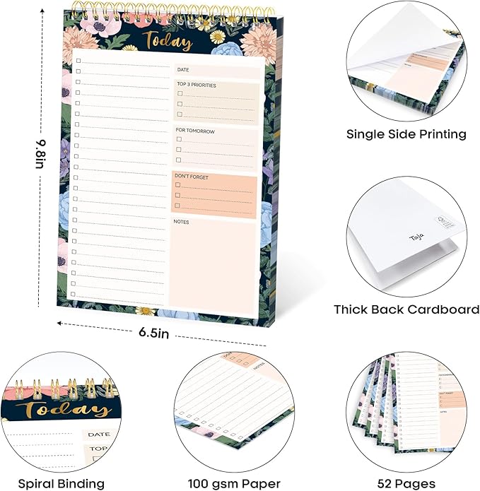 Taja To Do List Notepad - To Do List Notebook for Work with 52 Sheets, 9.8" x 6.5", Undated Daily Planner Perfect for Daily Tasks and Goal Setting, Notepad Suitable for Office, Home & School - Floral Symphony
