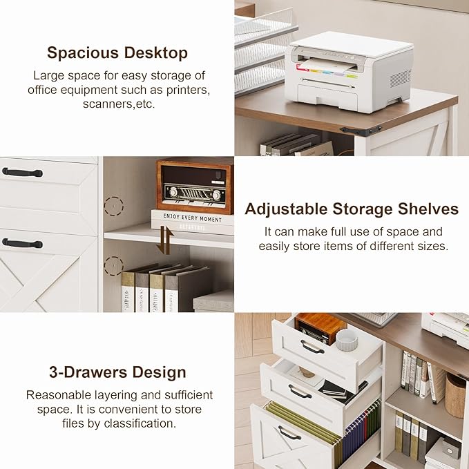 Farmhouse Lateral Filing Cabinet with 3 Drawers and Open Shelf, Lateral File Cabinet with with File Drawer for Letter/A4 Hanging File, Large Printer Stand for Home Office, Living Room, Rustic White