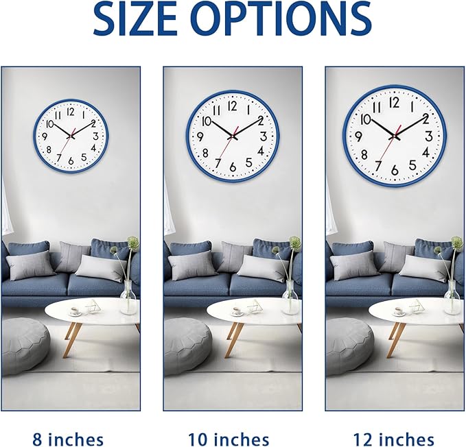 HZDHCLH Wall Clock Blue,Silent Wall Clocks Battery Operated 12 Inch Modern Non Ticking Analog Clock Decorative for Kitchen Bedroom Living Room Office Classroom