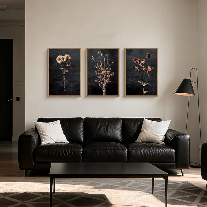 Large Moody Dark Floral Framed Canvas Wall Art Set,Vintage Mid Century Dried Flower Wall Decor,Modern Boho Wildflower Botanical Artwork for Living Room,Bedroom,Farmhouse-16 x24 x3