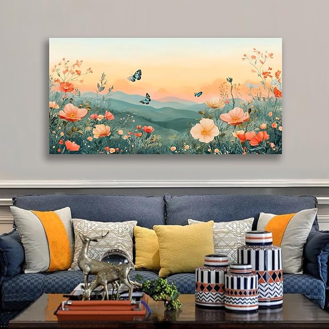 JLXART Canvas Wall Art for Living Room Decor Mountain Landscape with Butterflies and Flowers Picture Prints Bedroom Office Wall Decor Framed Art 24 x 48 inches Ready to Hang