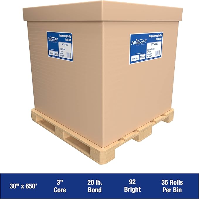 Alliance Wide Format Paper 30” x 650’ Rolls Bond Engineering 92 Bright 20lb - 35 Rolls Per Pallet with 3” Core