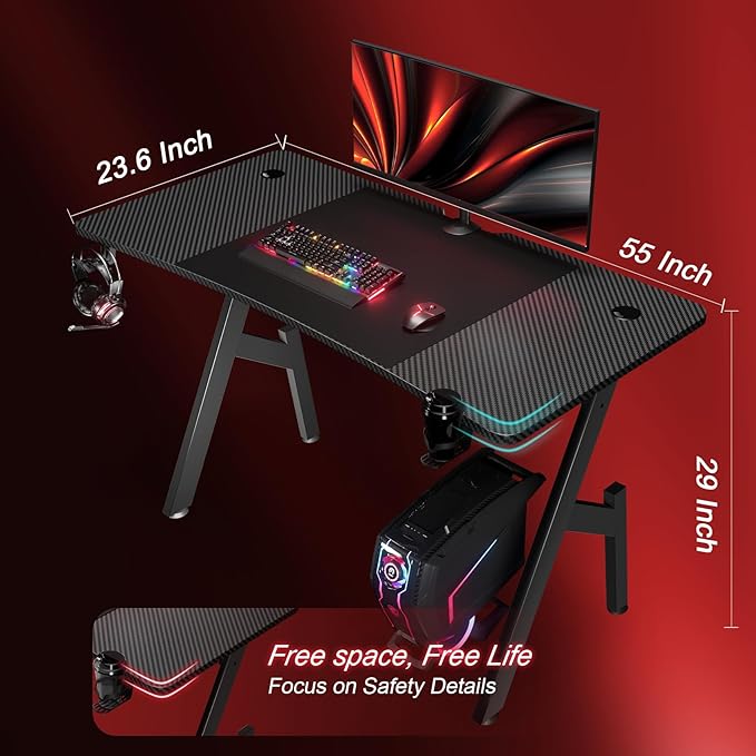 HLDIRECT 55 Inch Gaming Desk, Large Computer Desk Gaming Table with Cable Management, Ergonomic Carbon Fiber Gamer Table Pc Work Home Office Desks with Cup Holder & Headphone Hook & Mouse Pad, Black