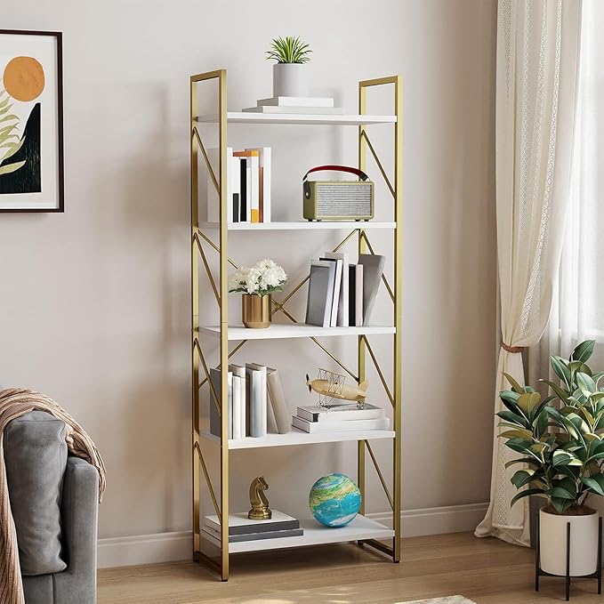 YITAHOME 5 Tiers Gold Bookshelf, Modern Bookshelf, Book Rack, Storage Rack Shelves in Living Room/Home/Office, Books Holder Organizer for Books/Movies, Gold MAYIH0000357MA