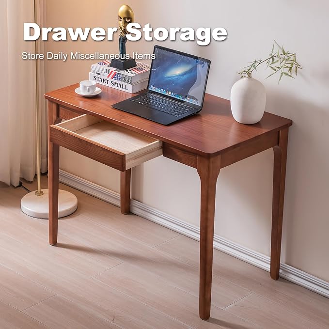 Solid Wood Desk with Drawers, Home Office Desk for Small Spaces, Gaming Work Study Desk, Student PC Desk for Bedroom, Easy to Assemble (Cherry Color, 39.4 inch)