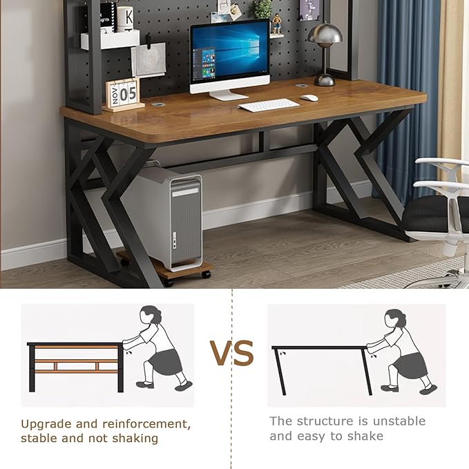 GFFQLXHT62in Gaming Desk with Bookshelf Combo, Computer Desk with Pegboard, Large Writing Table with Desktop Shelves, Ample Leg Room, for Home Office (Brown, 62in)