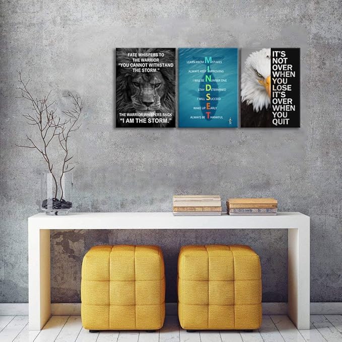 Inspirational Painting Wall Art Mindset 3 Pieces Canvas Print Office Wall Decor Lion Poster Inspiring Framed Animal Picture Motivational Quotes for Wall Art Living Room Gym Decoration[36''Wx 16''H]