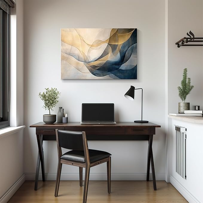 gaosoul Blue Gold Abstract Canvas Wall Art Original Oil Painting Giclee Print of Dynamic Curves Light Blue Champagne Tones with Textured Brushstrokes for Home Office Decor Framed 36x24in