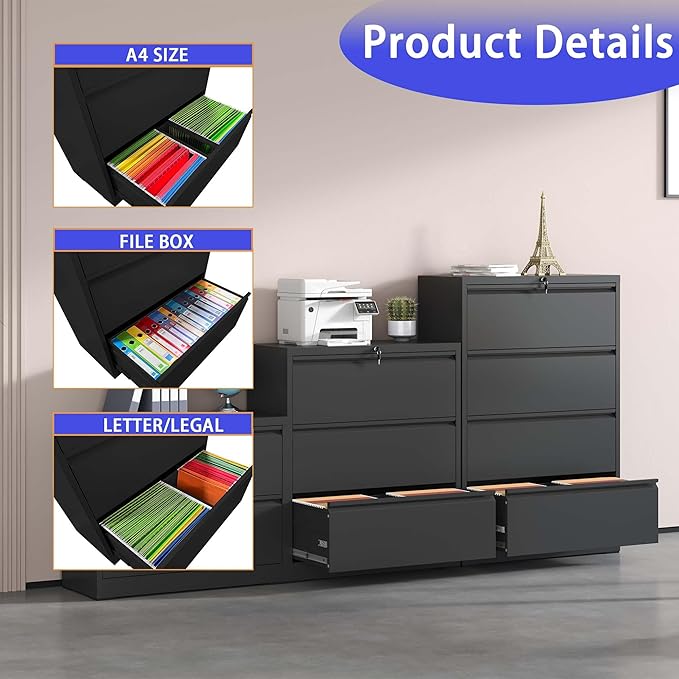 3 Drawer Lateral File Cabinet with Lock for Home Office Metal Filing Cabinet with Adjustable Hanging Bars Horizontal Filing Organization Storage Cabinet for Letter/Legal/A4/F4 Size Black