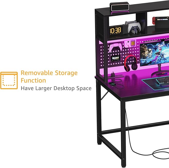 DLisiting Black Gaming Desk with Hutch and Pegboard - 47 Inch Gaming Desk with Shelves Storage Power Outlets, Computer Teen Work Study Writing Desks for Bedroom Home Office