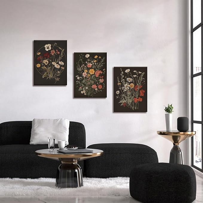 TUEASKY 3 Piece Canvas Wall Art Wildflower Wall Decor Botanical Pictures Floral Paintings Moody Framed Art Vintage Prints Dark Artwork