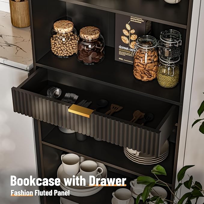 7-Tier Bookshelf with Storage, 72" Tall Bookcase with Drawer, Display Book Shelf Book Organizer with Anti-tip Device, Home Decor Wood Furniture for Office, Bedroom, Living Room, Black
