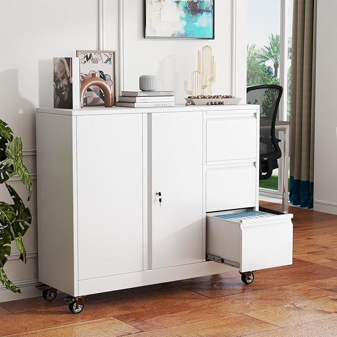 Metal Lockable File Cabinet with 3 Drawers, Black Metal Storage Cabinet with Locking Doors for Home Office Garage School (46.45" W x15.75 D x 40.4 "H)