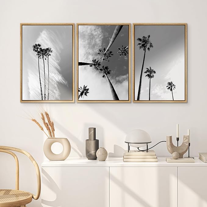 SIGNWIN 3 Piece Framed Canvas Wall Art Black and White Palm Tree Canvas Prints Home Artwork Decoration for Living Room,Bedroom - 24"x36"x3 Natural