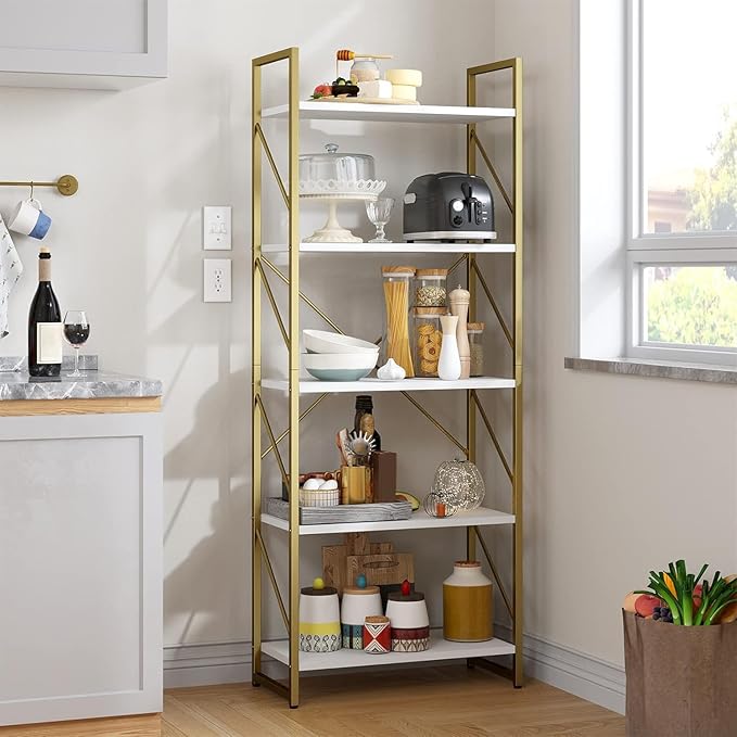 YITAHOME 5 Tiers Gold Bookshelf, Modern Bookshelf, Book Rack, Storage Rack Shelves in Living Room/Home/Office, Books Holder Organizer for Books/Movies, Gold MAYIH0000357MA