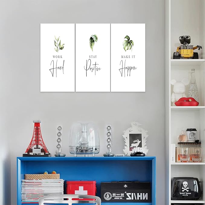 3 Piece Inspirational Wall Art, White Plants Sayings Picture, Quotes Work Stay Make it Canvas Prints for Office Decor, Triptych Entrepreneur Framed Artwork for Women Men Home Wall Decor (36" Wx18 H)