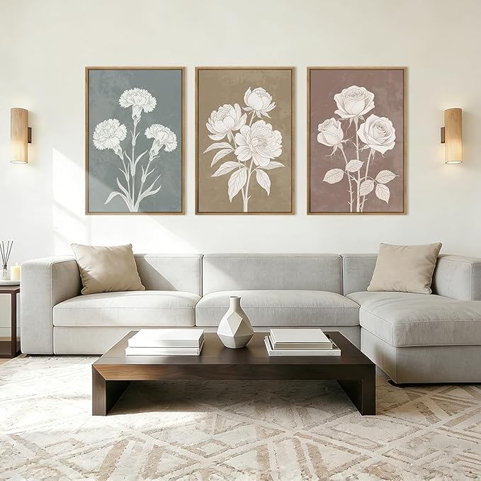 BINCUE Large Neutral Botanical Wall Art Rustic Floral Wall Decor Floral Painting 24x36 Inches Flower Print Flower Artwork Botanical Art Paintings for Living Room Bedroom Bathroom Dining Room Farmhouse Set of 3 Spring Plants Decor