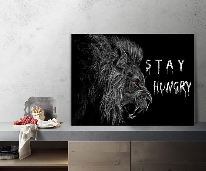 Abstract Motivational Canvas Wall Art Stay Hungry Roaring Lion Artwork Wall Pictures Black and White Retro Inspiring Animals Art for Study Room Classroom Decor Framed Easy to Hang- 24x18 inches