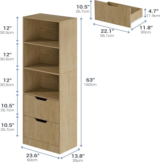 Bookcase with 2 Drawers, 3-Tier Bookshelf with Storage, 3 Shelf Bookshelf with Adjustable Shelf, Modern Bookshelf, Open Shelves for Study, Bedroom & Home Office, Natural