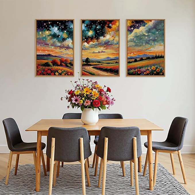 Large Abstract Mountain Flower Framed Canvas Wall Art,Colorful Starry Night Wall Decor,Retro Natural Wildflower Wall Painting,Field Artwork for Living Room,Bedroom,Dining Room,Office -24"x36"x3