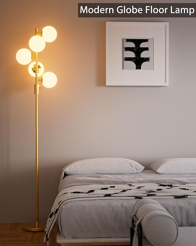 Dimmable Gold Globe Floor Lamp, 64IN Tall Standing Lamps with 5 Globe Soft Warm White Eye Care 3000K G9 Bulbs, Mid Century Modern Floor Lamp for Living Room Bedroom Sofa Beside Home Decor