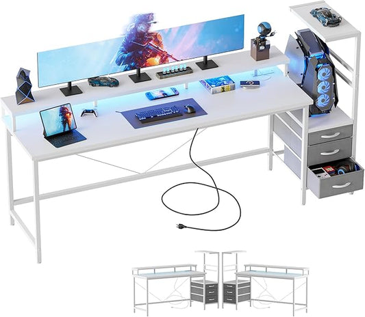 Mericonia Gaming Desk with Power Outlets & LED Lights, Reversible Computer Desk with PC Case Stand, Fabric Drawers, Modern Office Desk with Shelves, Monitor Stand